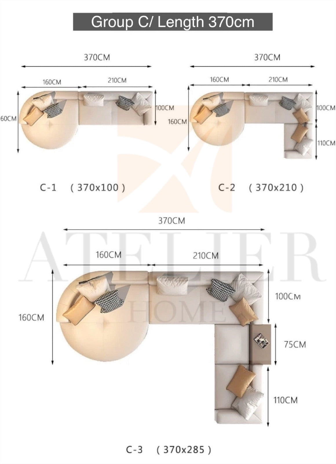 Home Atelier Alyssa Designer Sectional Round Chaise Sofa