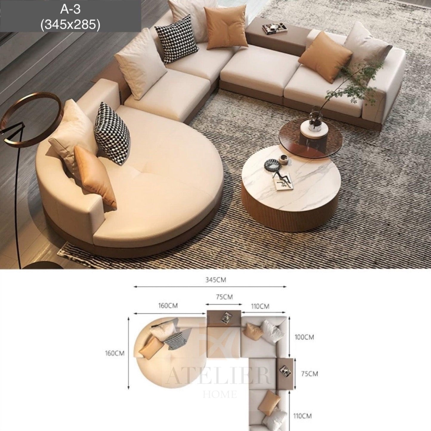 Home Atelier Alyssa Designer Sectional Round Chaise Sofa