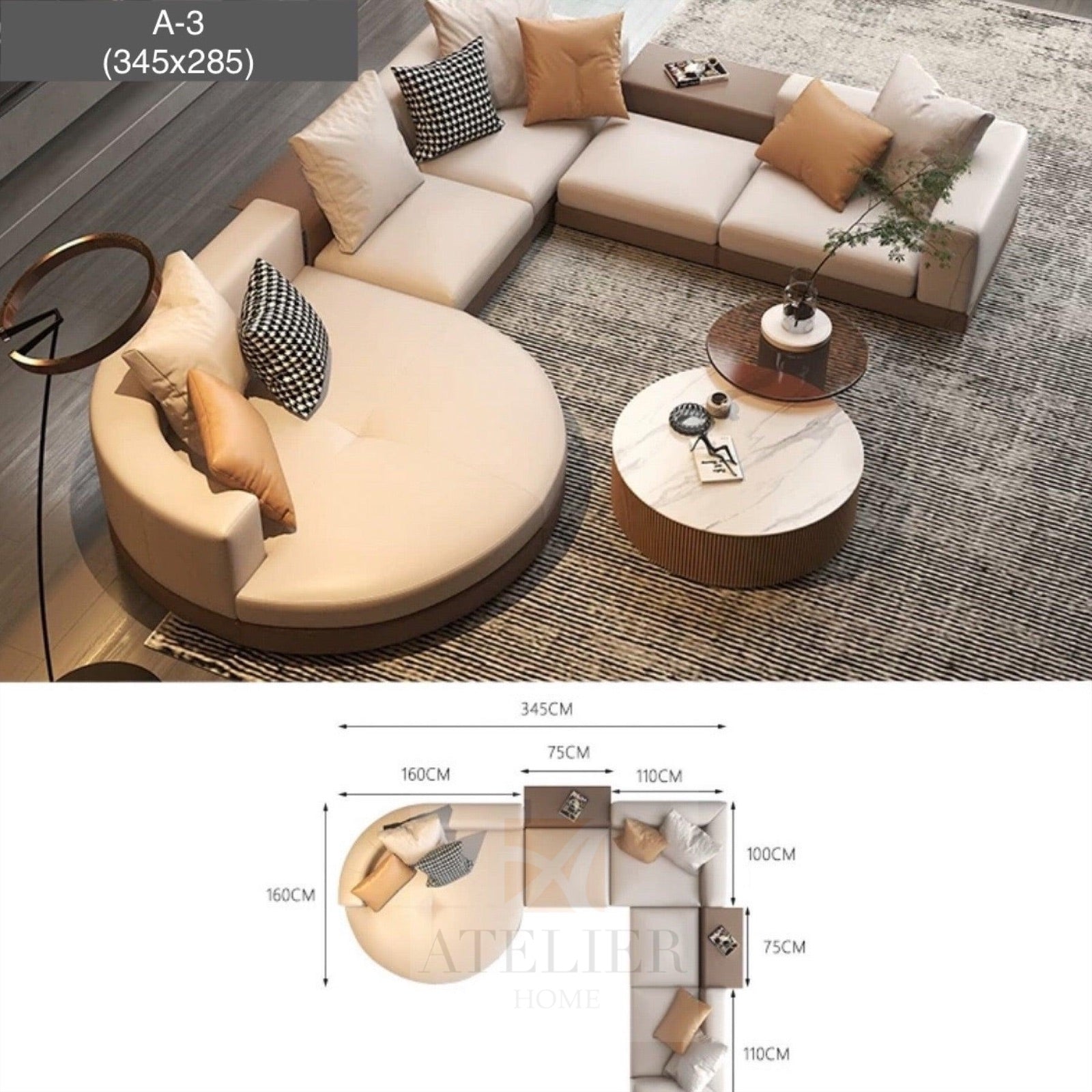 Home Atelier Alyssa Designer Sectional Round Chaise Sofa