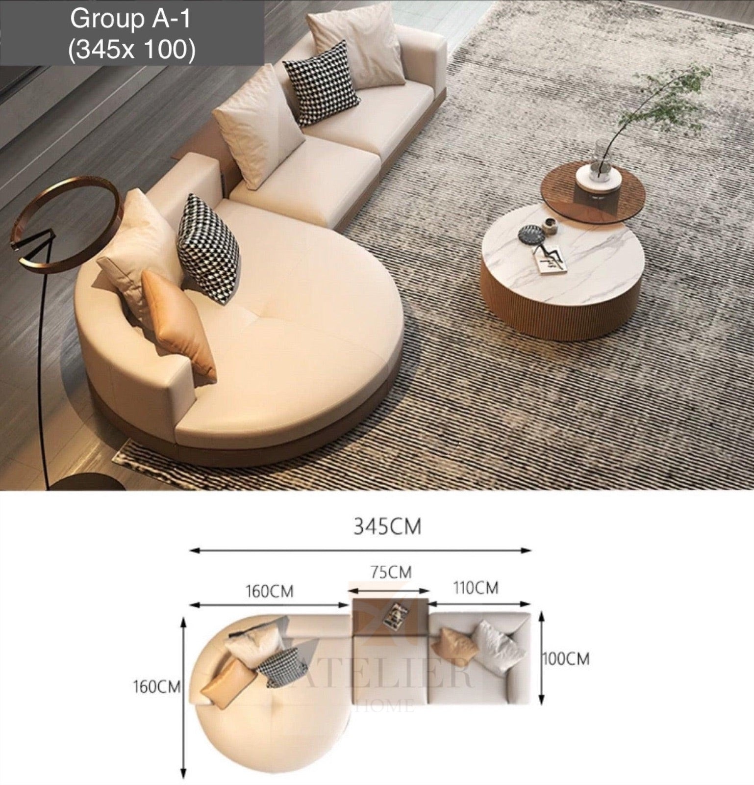 Home Atelier Alyssa Designer Sectional Round Chaise Sofa