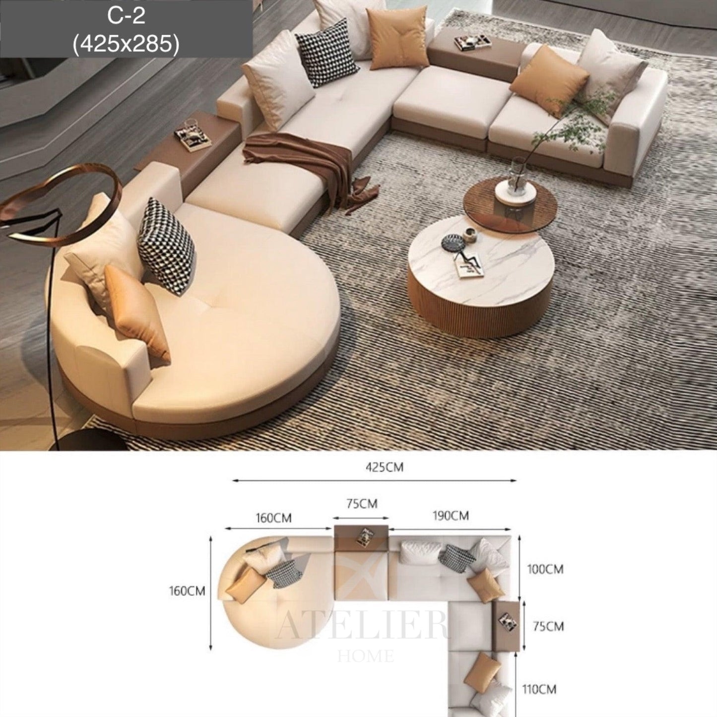 Home Atelier Alyssa Designer Sectional Round Chaise Sofa