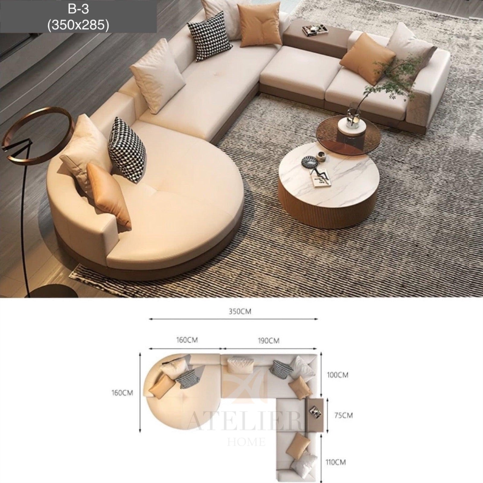 Home Atelier Alyssa Designer Sectional Round Chaise Sofa