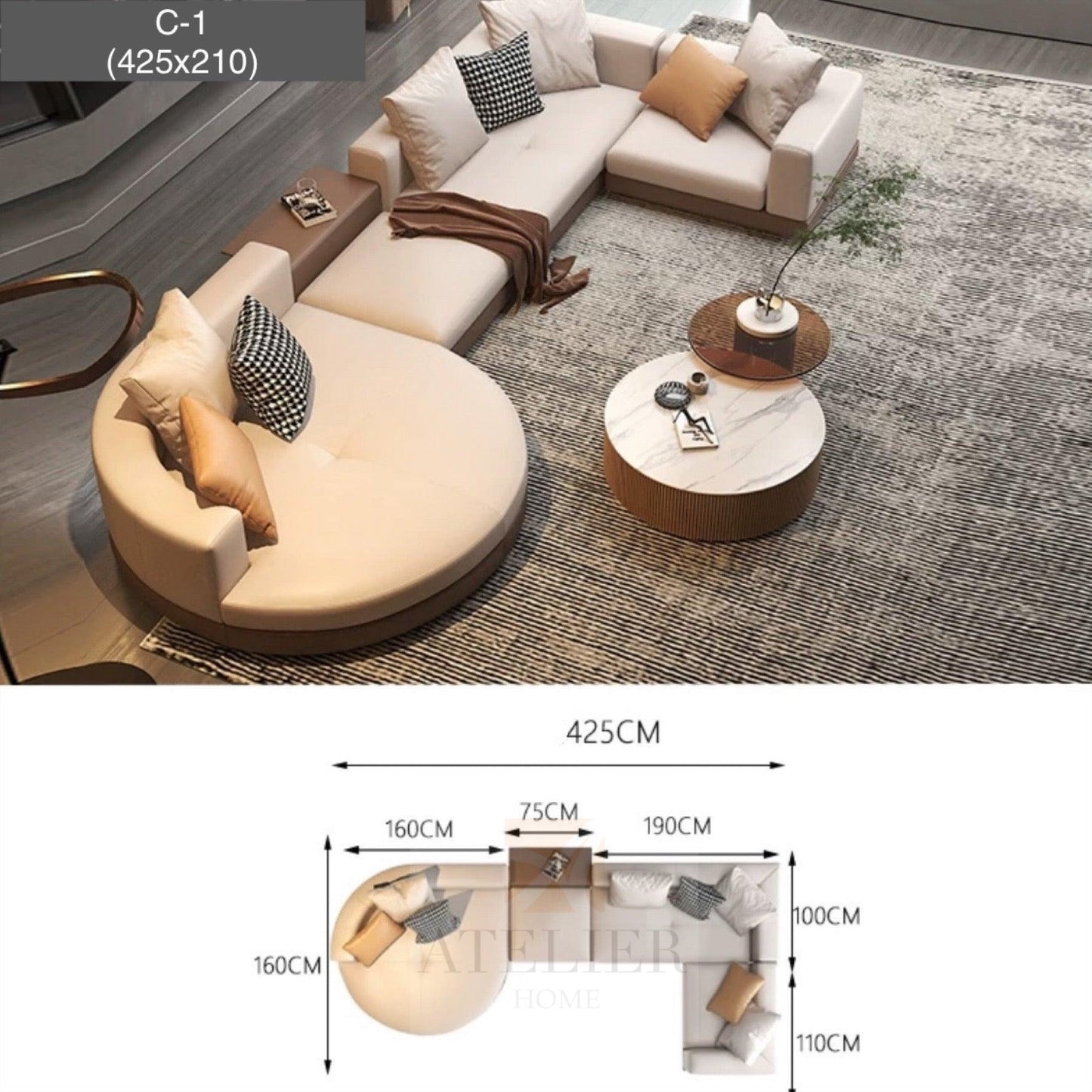 Home Atelier Alyssa Designer Sectional Round Chaise Sofa