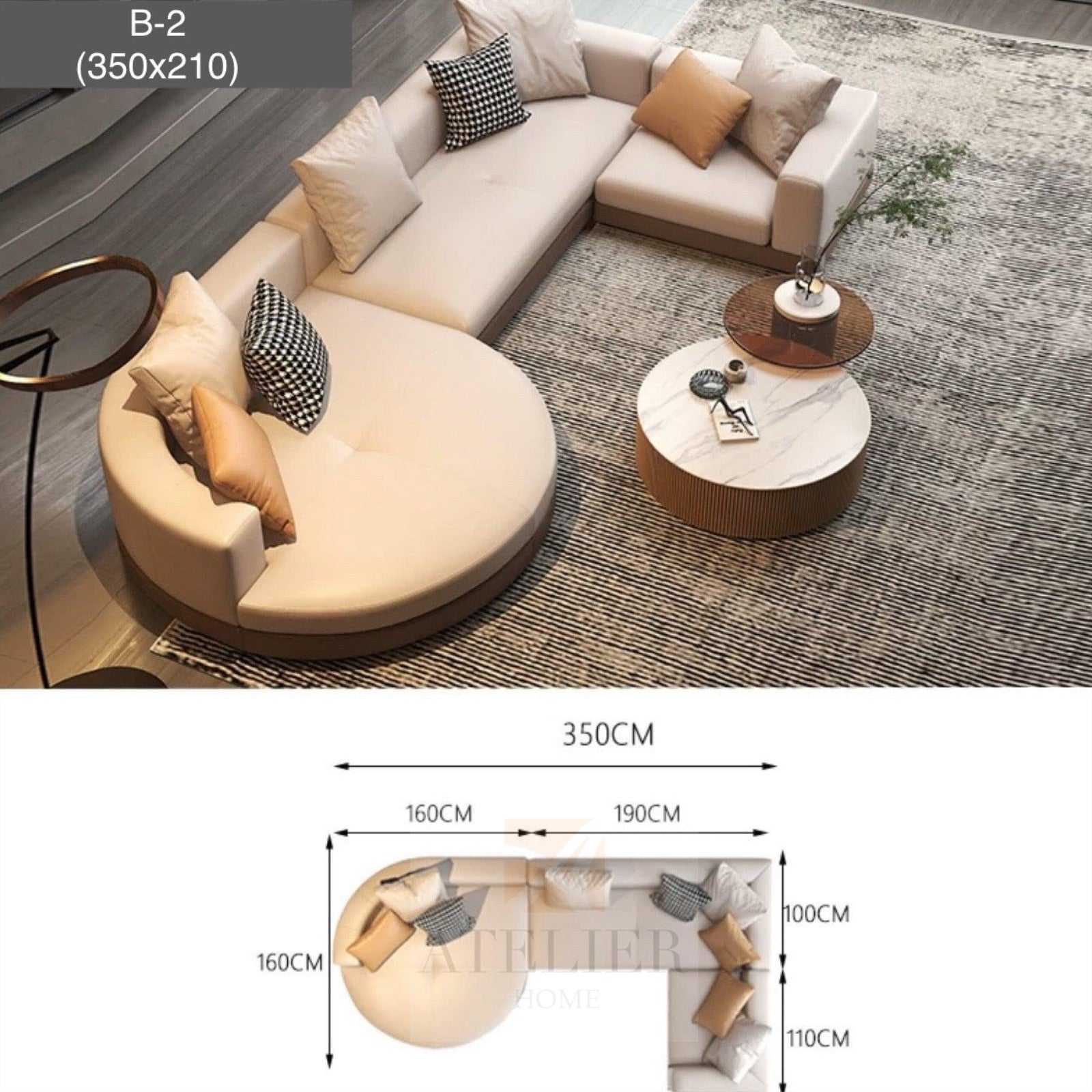 Home Atelier Alyssa Designer Sectional Round Chaise Sofa