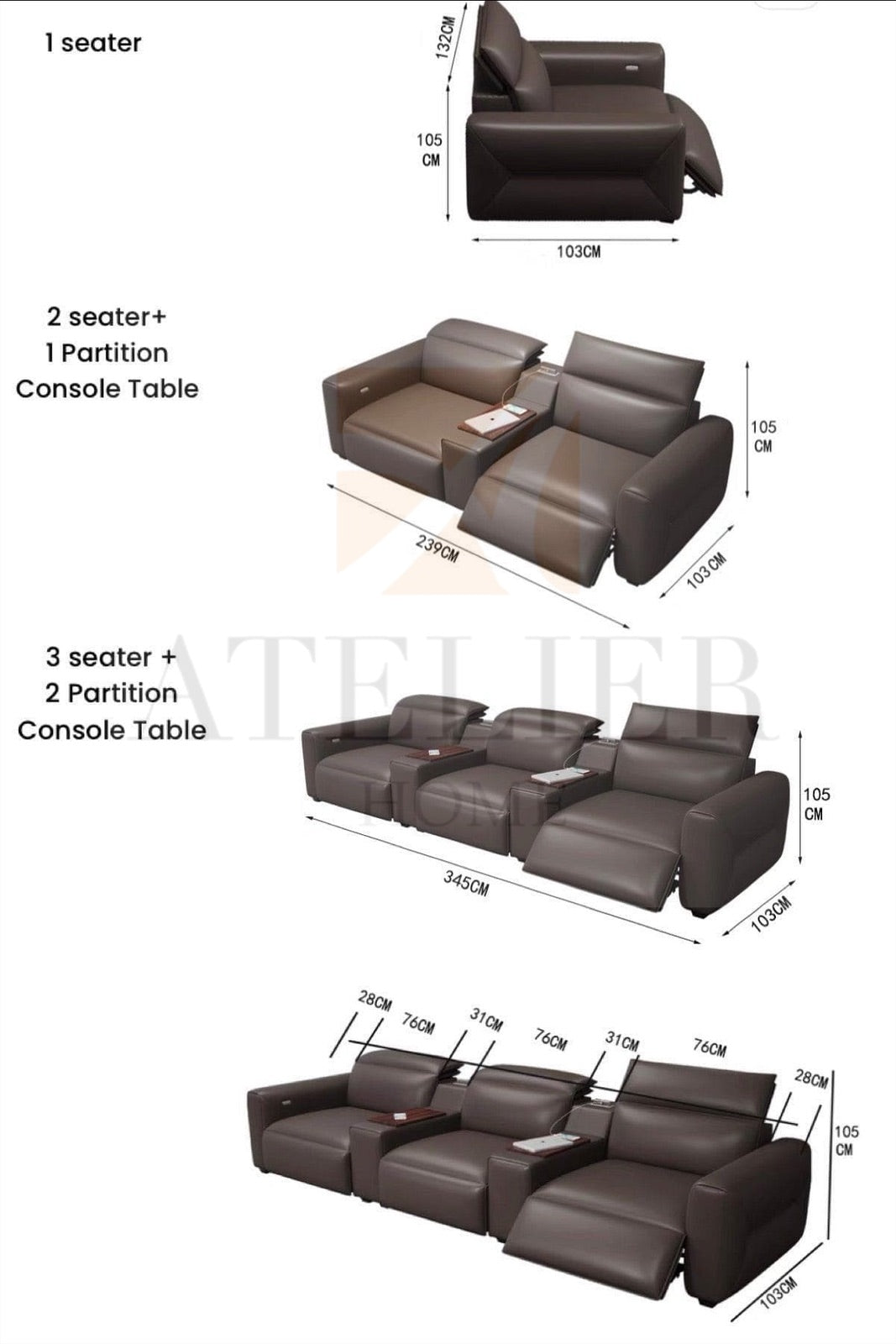 Home Atelier Athena Electric Recliner Leather Sofa