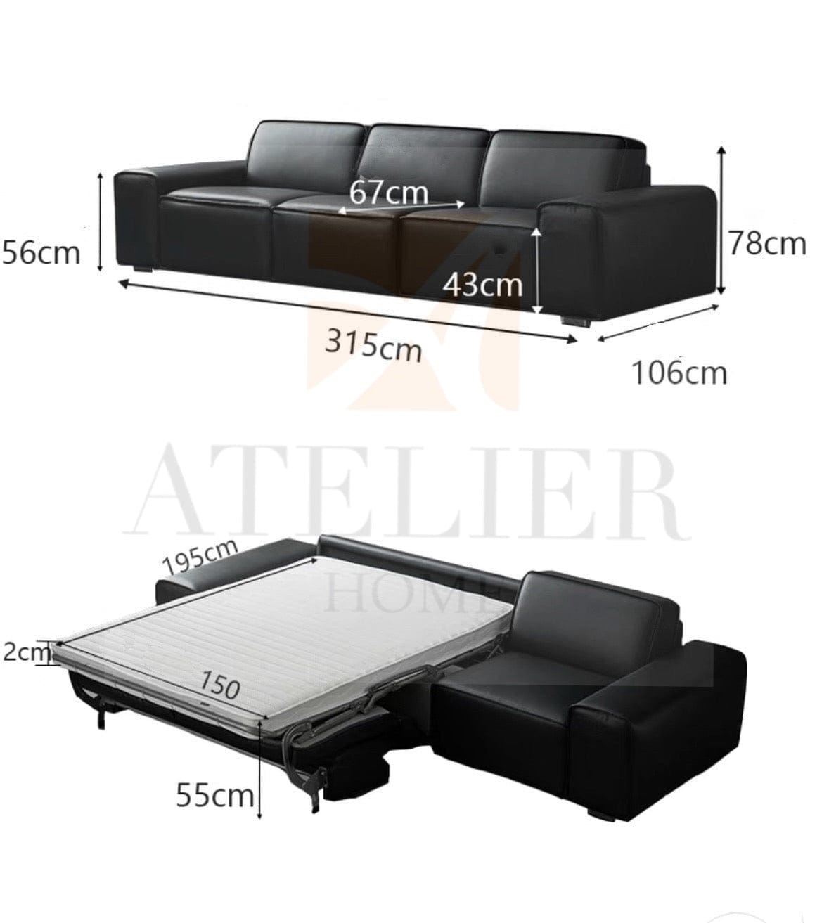 Home Atelier Camden Leather Foldable Sofa Bed with Mattress