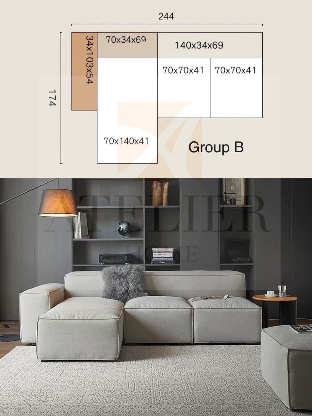 Home Atelier Cavella Sectional Island L-Shape Sofa