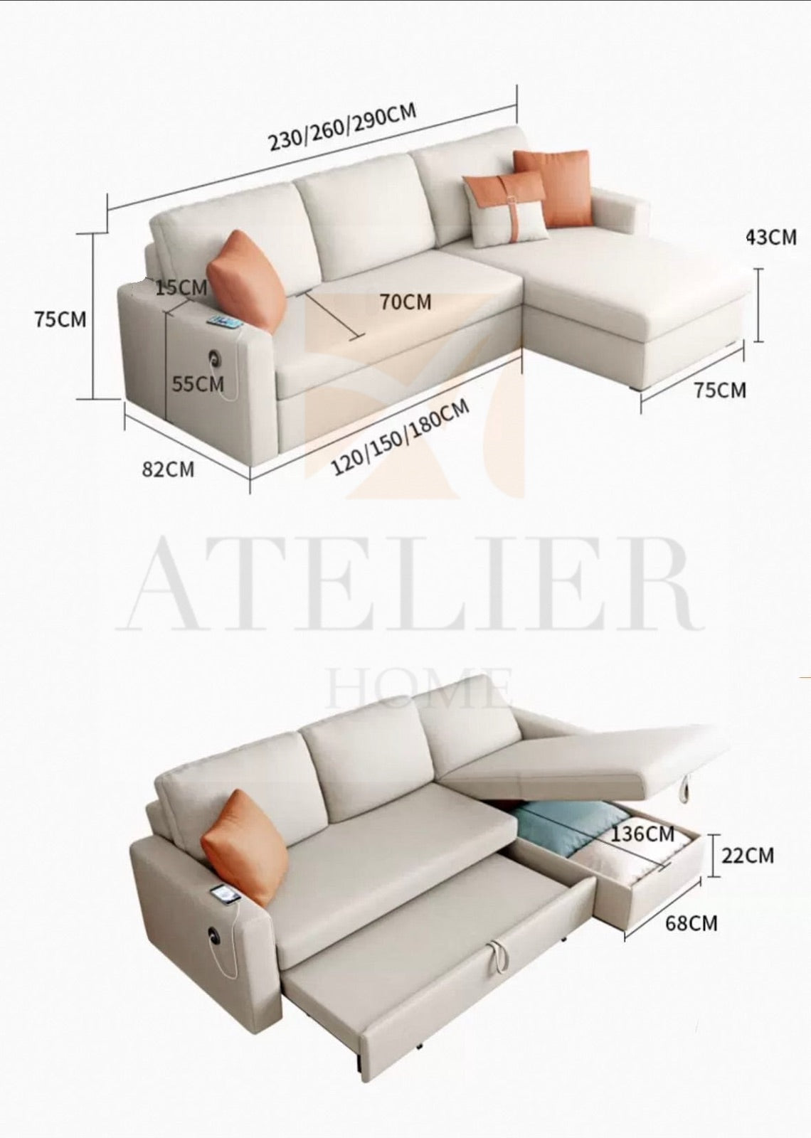 Home Atelier Charlie Sectional Sofa Bed