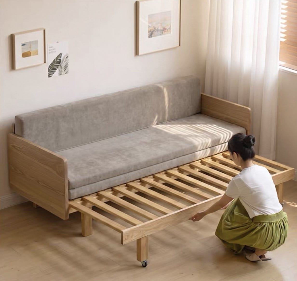 Home Atelier Cotton Fabric / L206 x W122.5 x H70cm Vanya Pull-out Wooden Sofa Bed