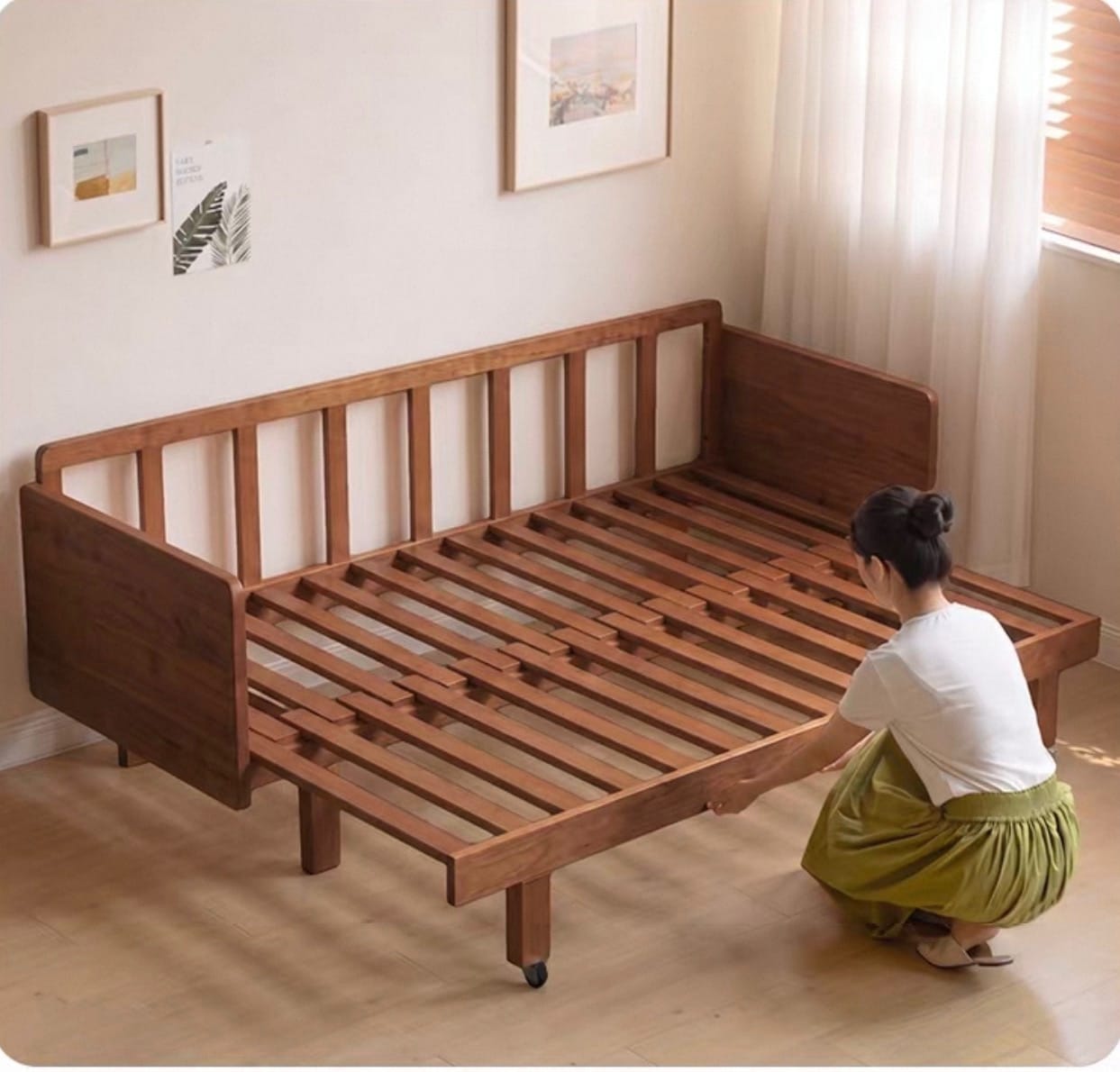 Home Atelier Cotton Fabric / L206 x W122.5 x H70cm Vanya Pull-out Wooden Sofa Bed