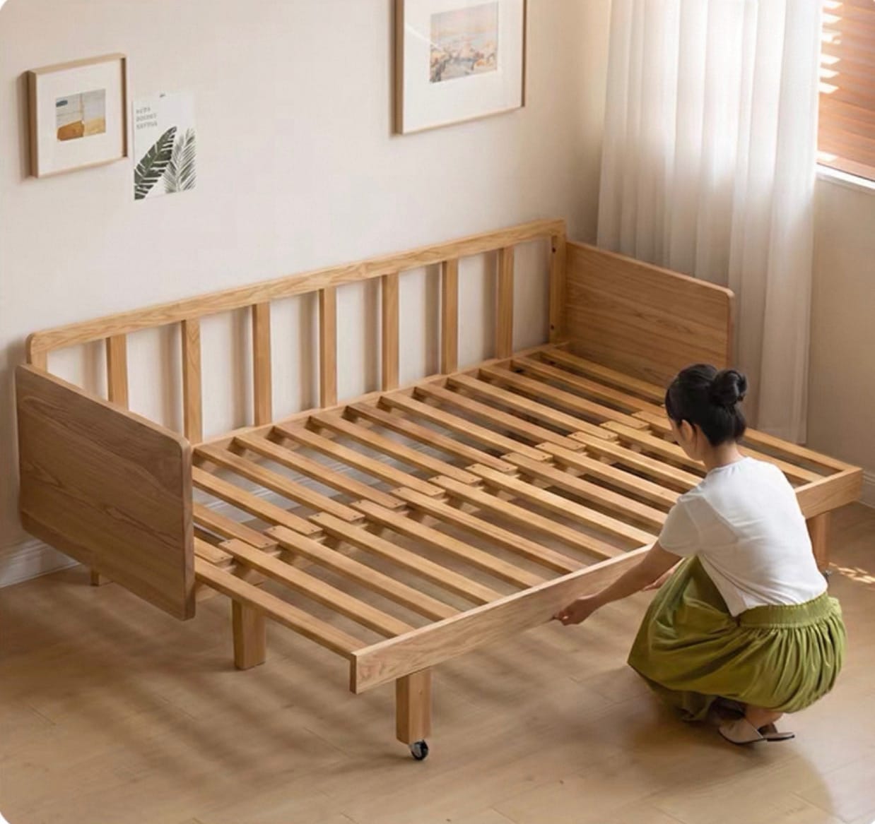 Home Atelier Cotton Fabric / L206 x W122.5 x H70cm Vanya Pull-out Wooden Sofa Bed