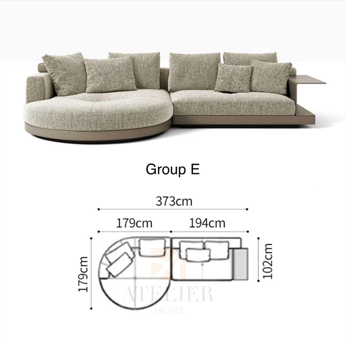 Home Atelier Cotton Linen Fabric / Group F/ Length 358cm with Curve Chaise Alyssa Designer Sectional Round Chaise Sofa
