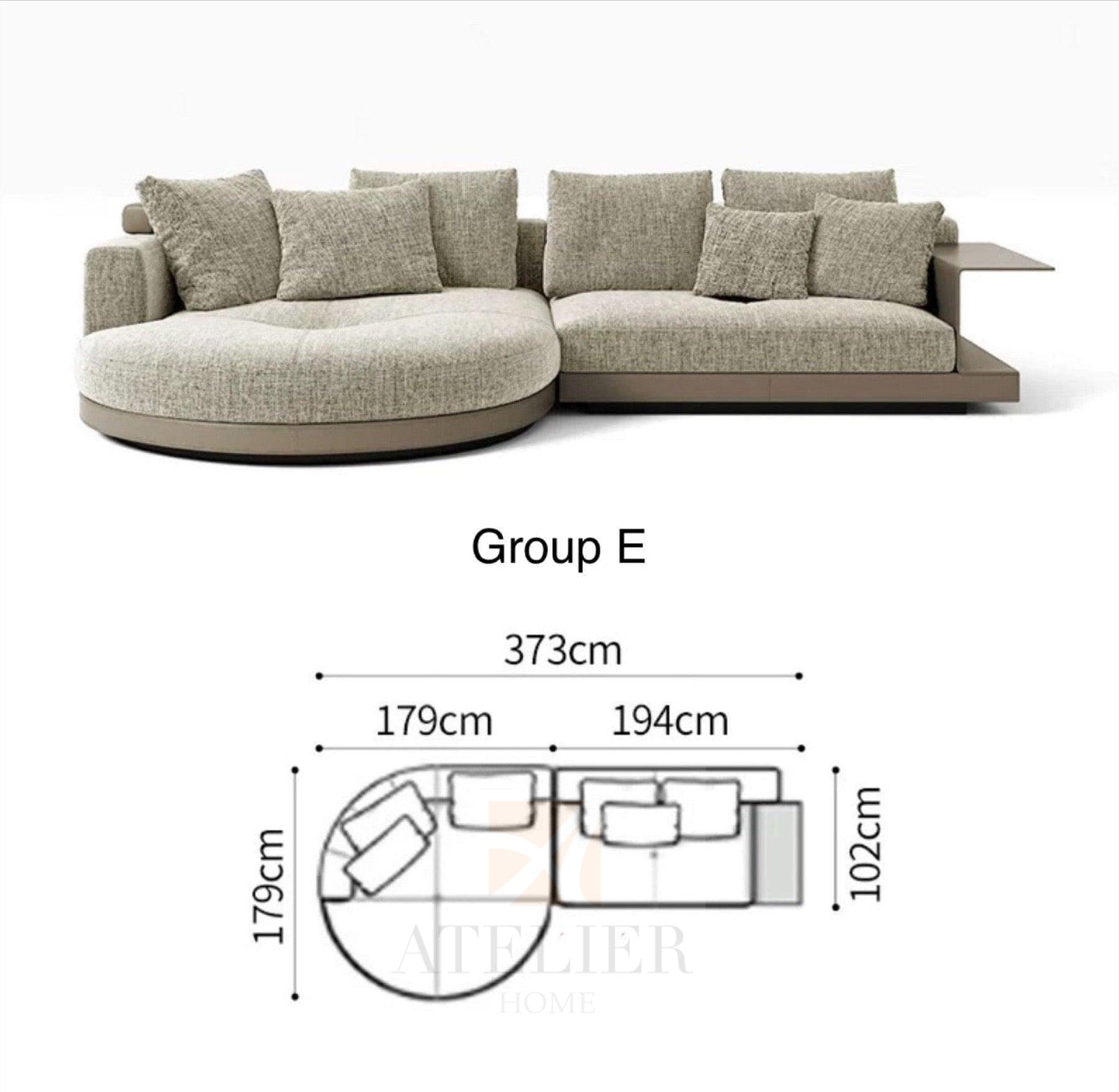 Home Atelier Cotton Linen Fabric / Group F/ Length 358cm with Curve Chaise Alyssa Designer Sectional Round Chaise Sofa