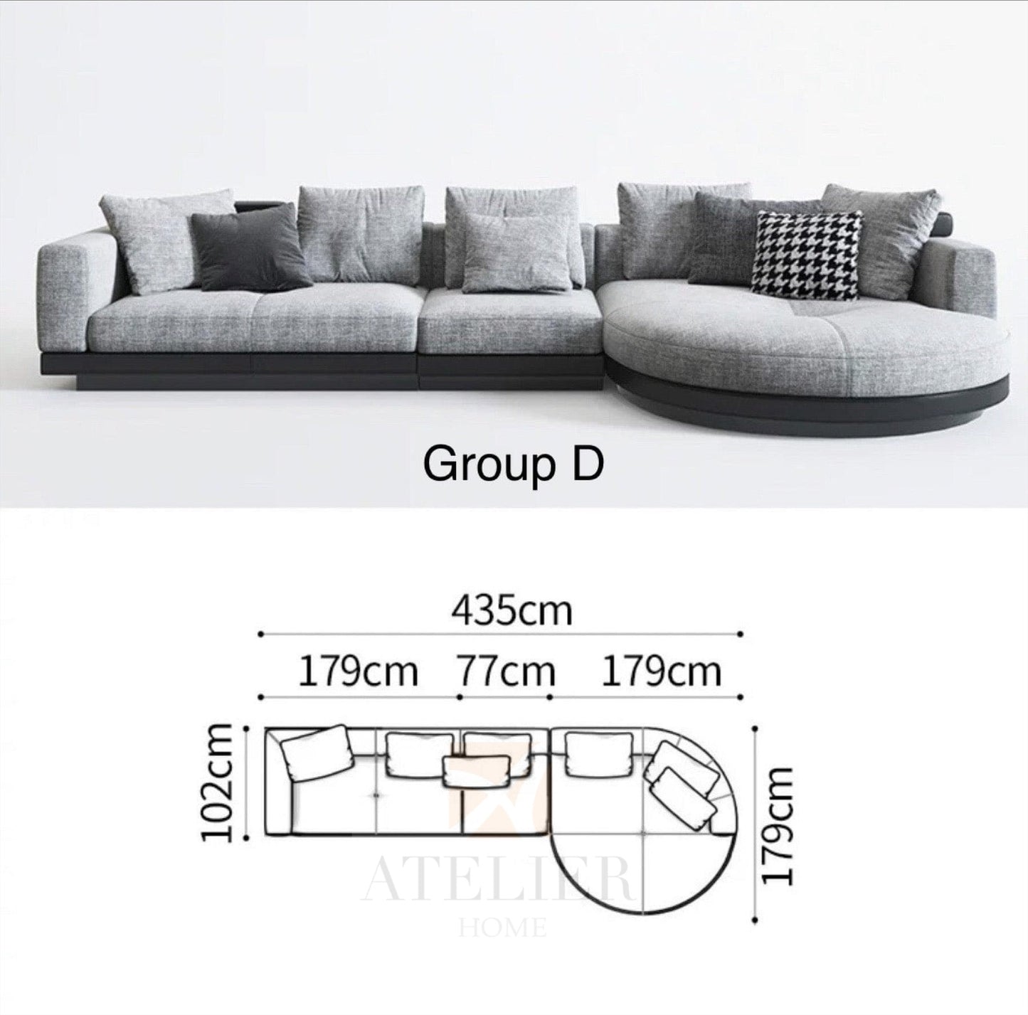 Home Atelier Cotton Linen Fabric / Group F/ Length 358cm with Curve Chaise Alyssa Designer Sectional Round Chaise Sofa
