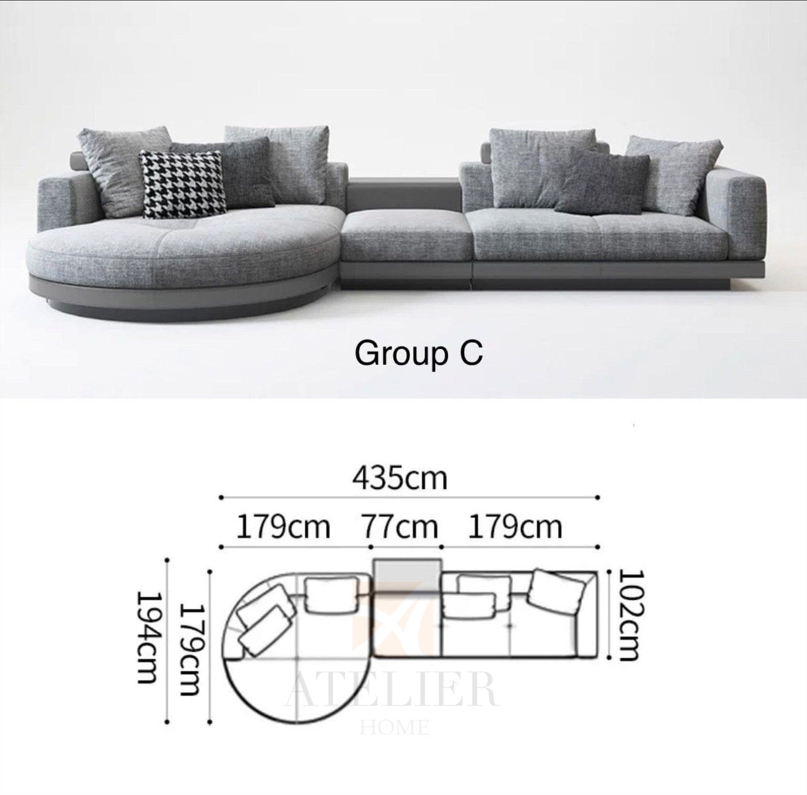 Home Atelier Cotton Linen Fabric / Group F/ Length 358cm with Curve Chaise Alyssa Designer Sectional Round Chaise Sofa