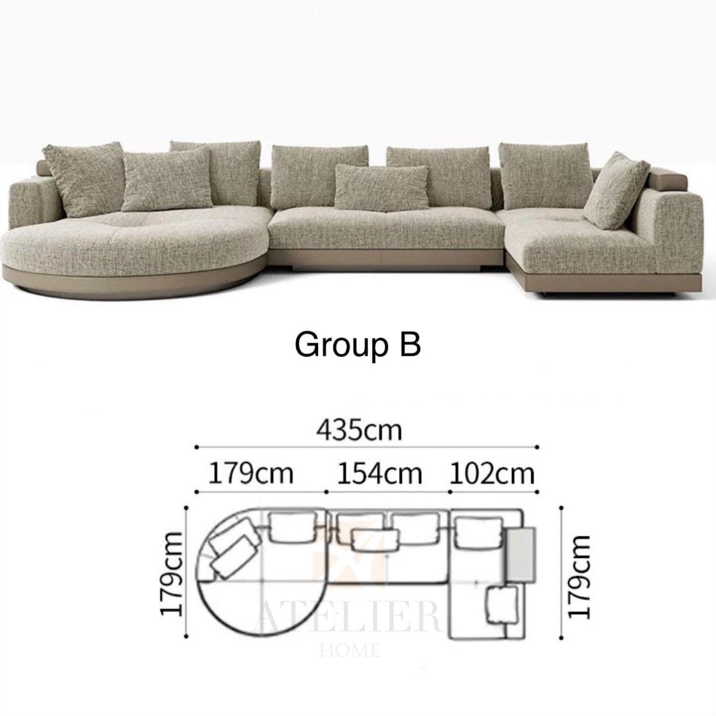 Home Atelier Cotton Linen Fabric / Group F/ Length 358cm with Curve Chaise Alyssa Designer Sectional Round Chaise Sofa