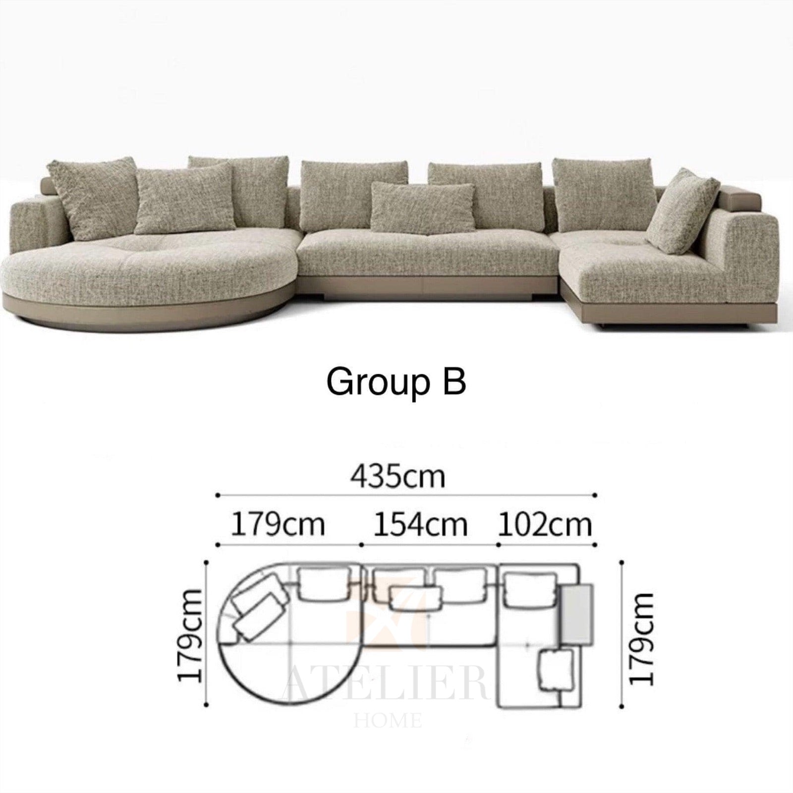 Home Atelier Cotton Linen Fabric / Group F/ Length 358cm with Curve Chaise Alyssa Designer Sectional Round Chaise Sofa