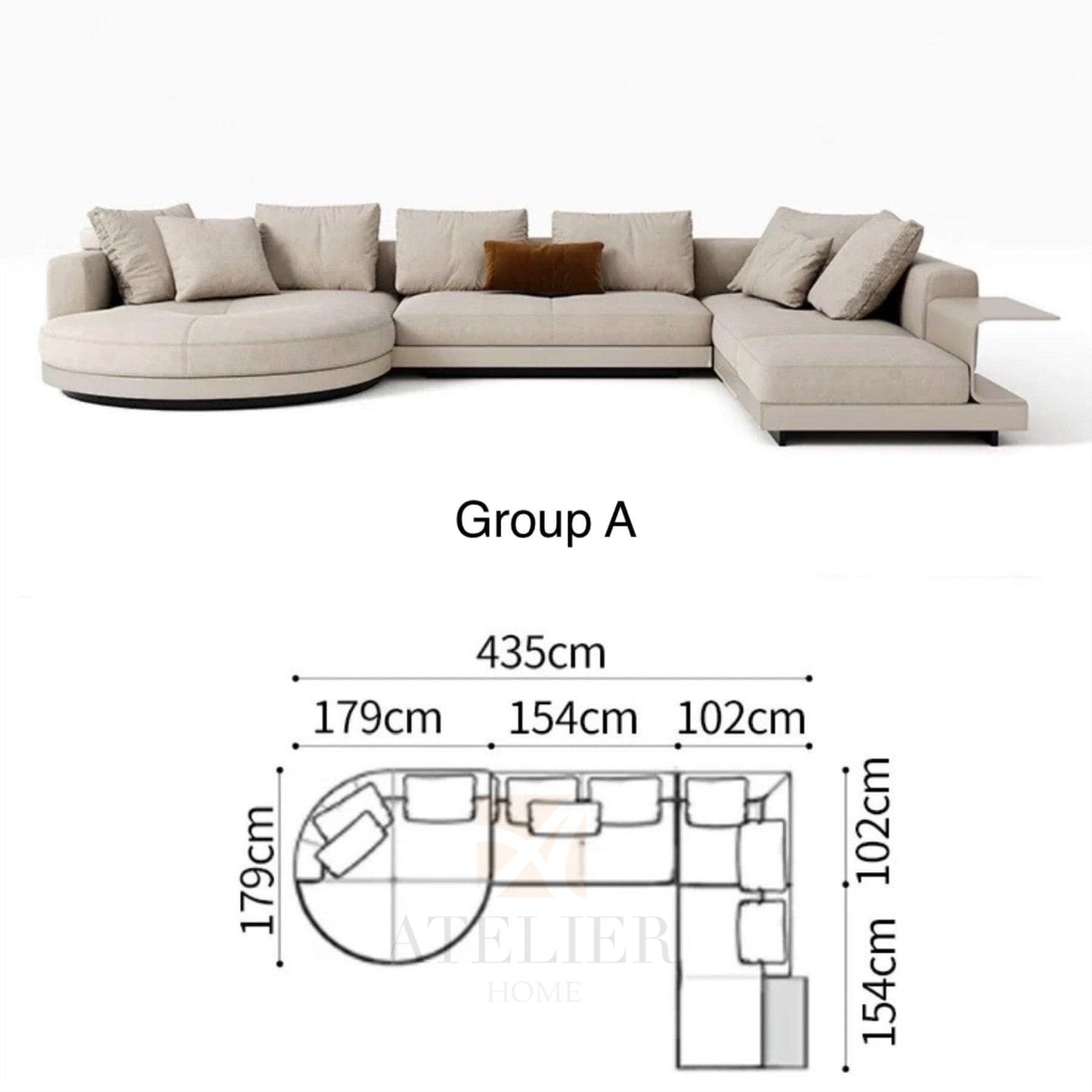 Home Atelier Cotton Linen Fabric / Group F/ Length 358cm with Curve Chaise Alyssa Designer Sectional Round Chaise Sofa