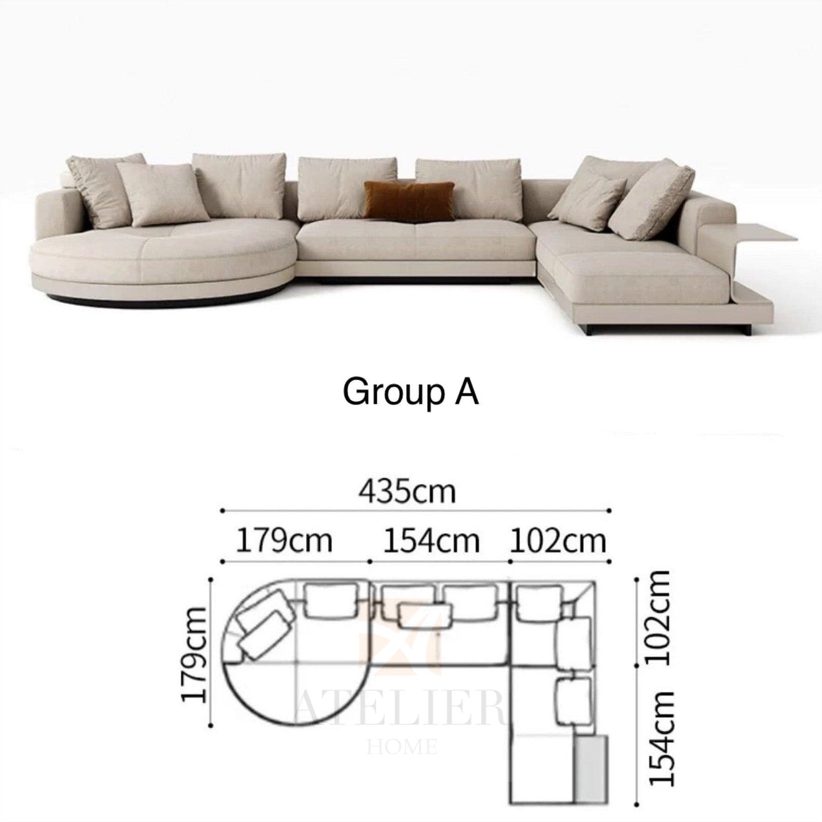 Home Atelier Cotton Linen Fabric / Group F/ Length 358cm with Curve Chaise Alyssa Designer Sectional Round Chaise Sofa