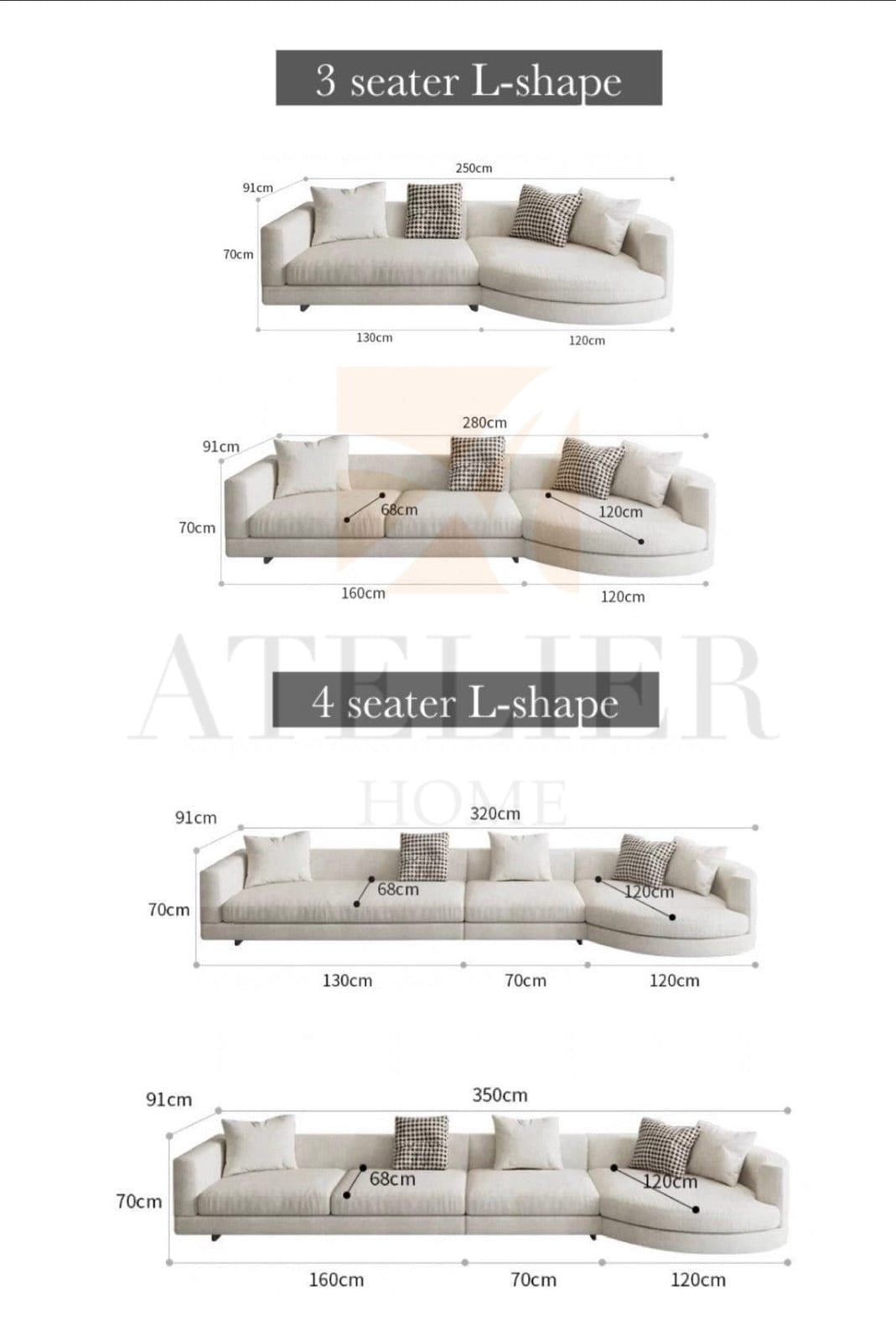 Home Atelier Cotton Linen Fabric / Length 250cm/ With Curve Chaise / Cream Alessio Designer Round Chaise Sectional Sofa