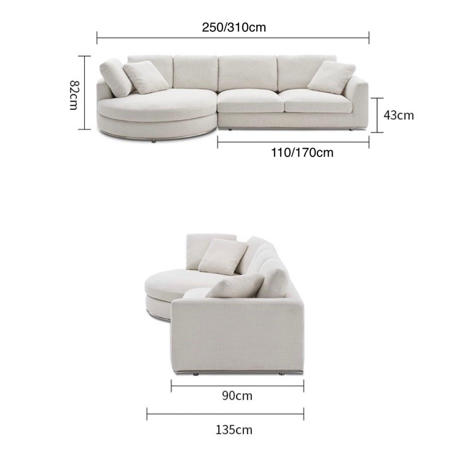 Home Atelier Cotton Linen Fabric / Length 310cm with curve chaise/ without metal base / Cream Bella Designer Sectional Round Chaise Sofa