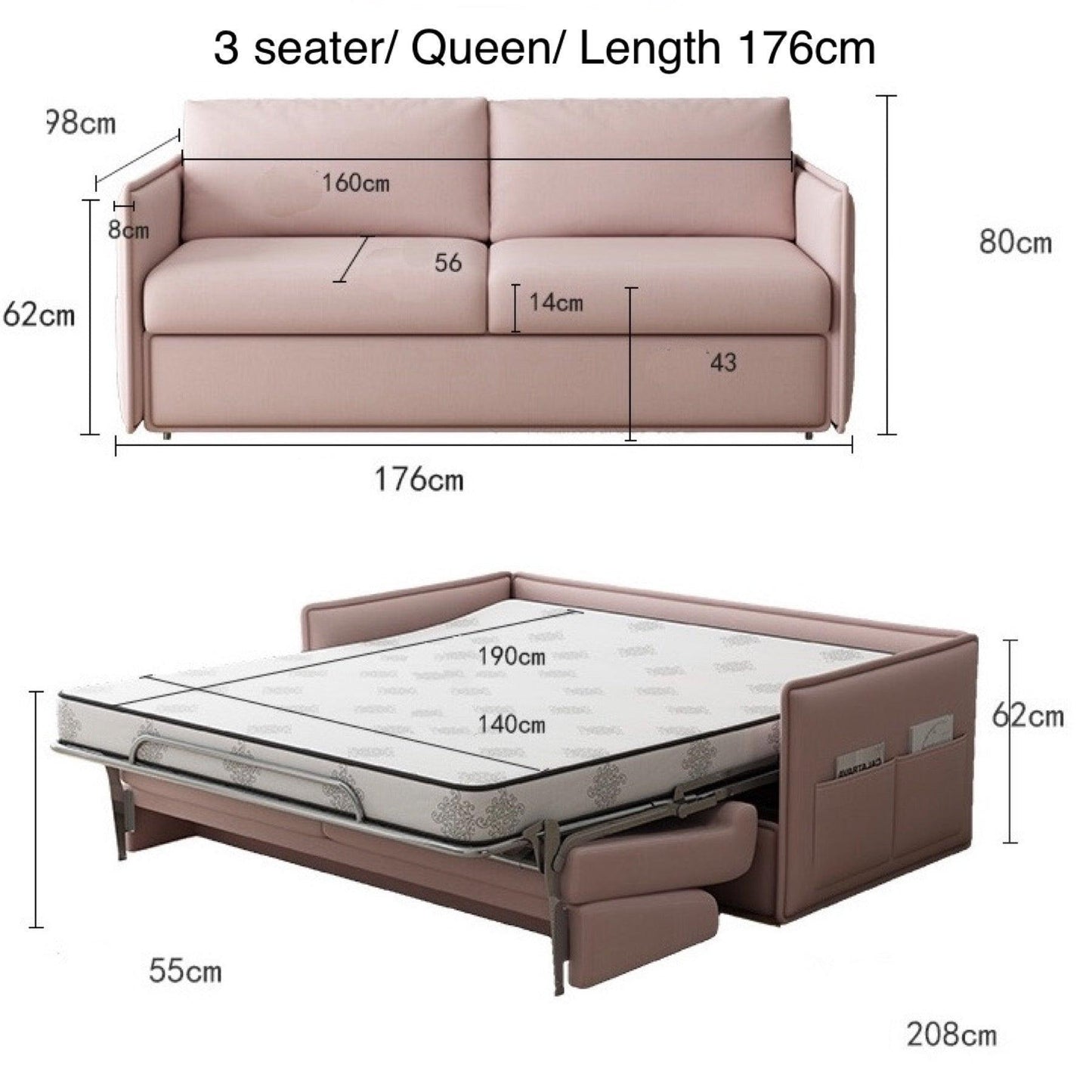 Home Atelier Cotton Linen Fabric / Queen Size/ Length 176cm / Pink Ariel Foldable Sofa Bed with Mattress