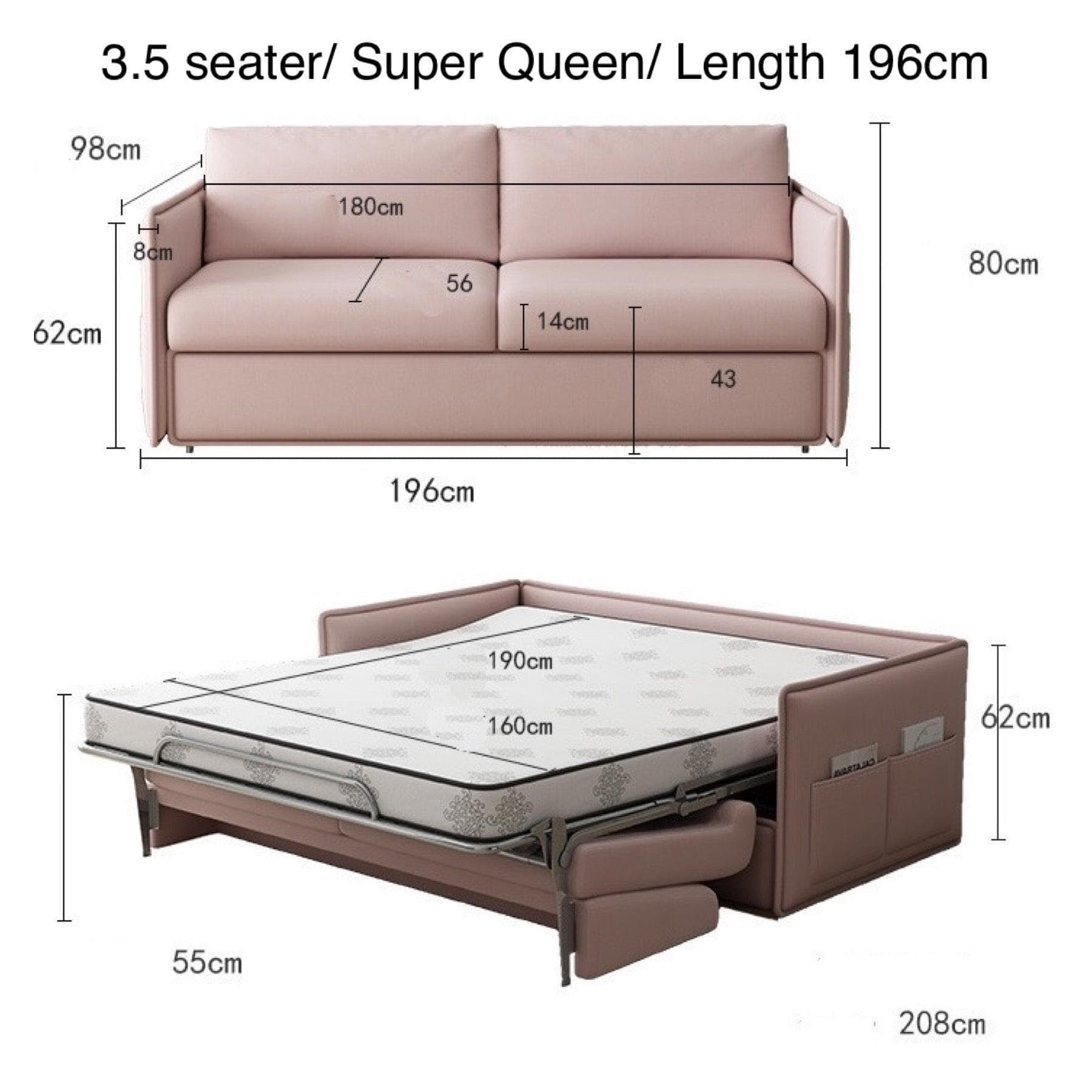 Home Atelier Cotton Linen Fabric / Super Queen Size/ Length 196cm / Pink Ariel Foldable Sofa Bed with Mattress