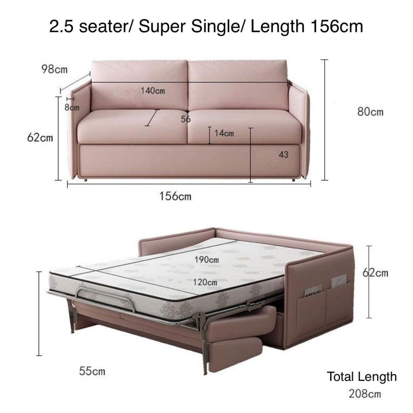 Home Atelier Cotton Linen Fabric / Super Single Size/ Length 156cm / Pink Ariel Foldable Sofa Bed with Mattress