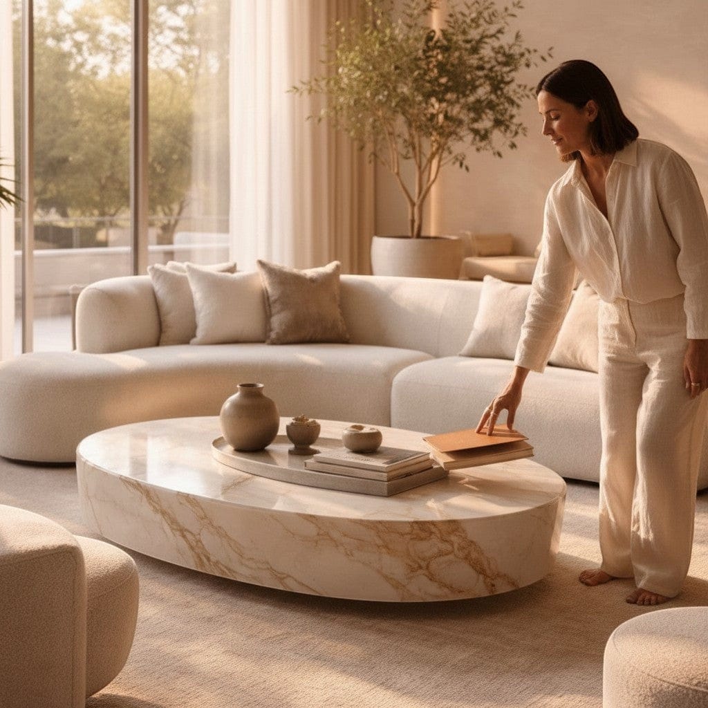 Home Atelier Curved Boucle Sofa and Oval Marble Coffee Table Set