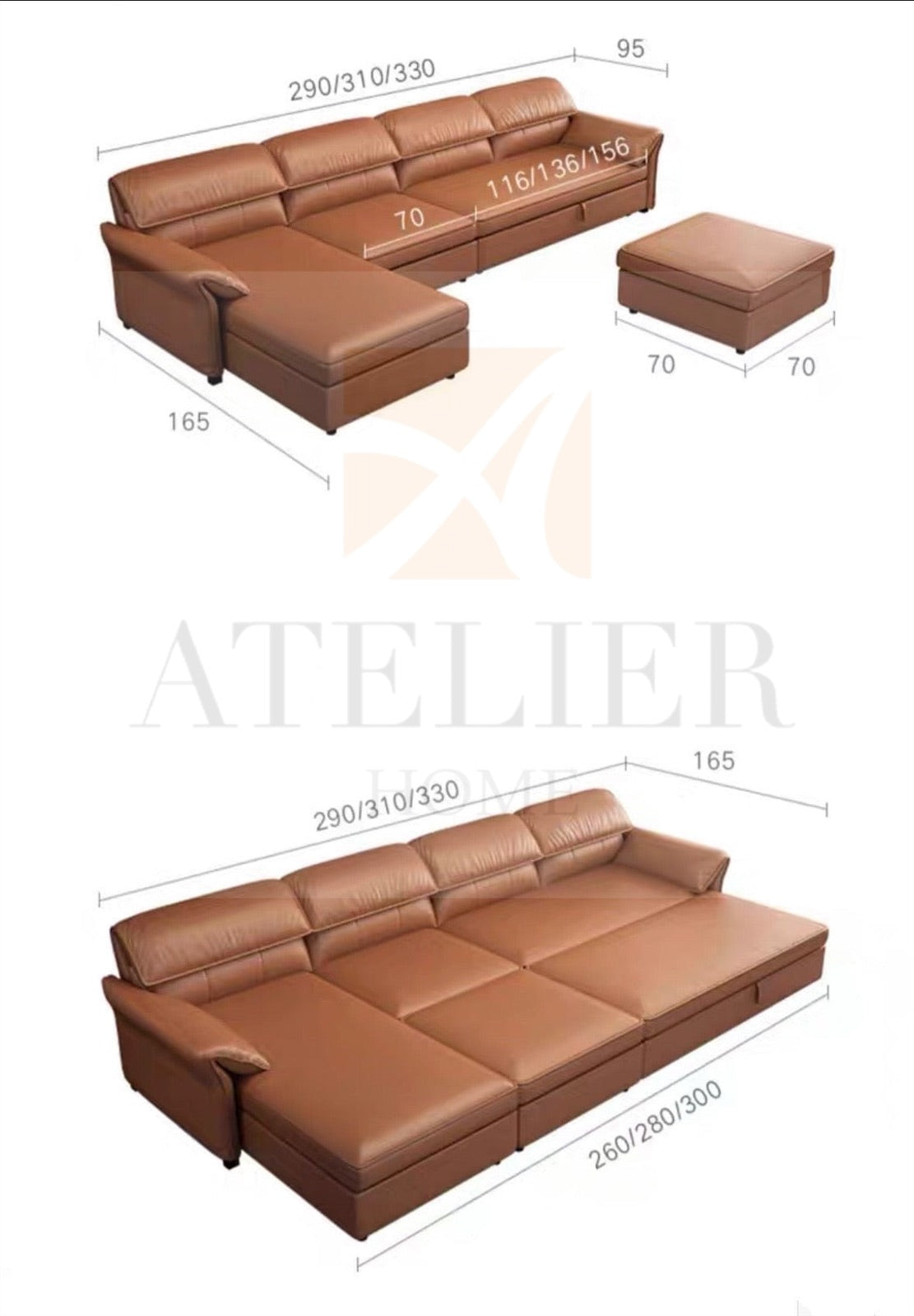 Home Atelier Emma Sectional Sofa Bed with Extended Chaise