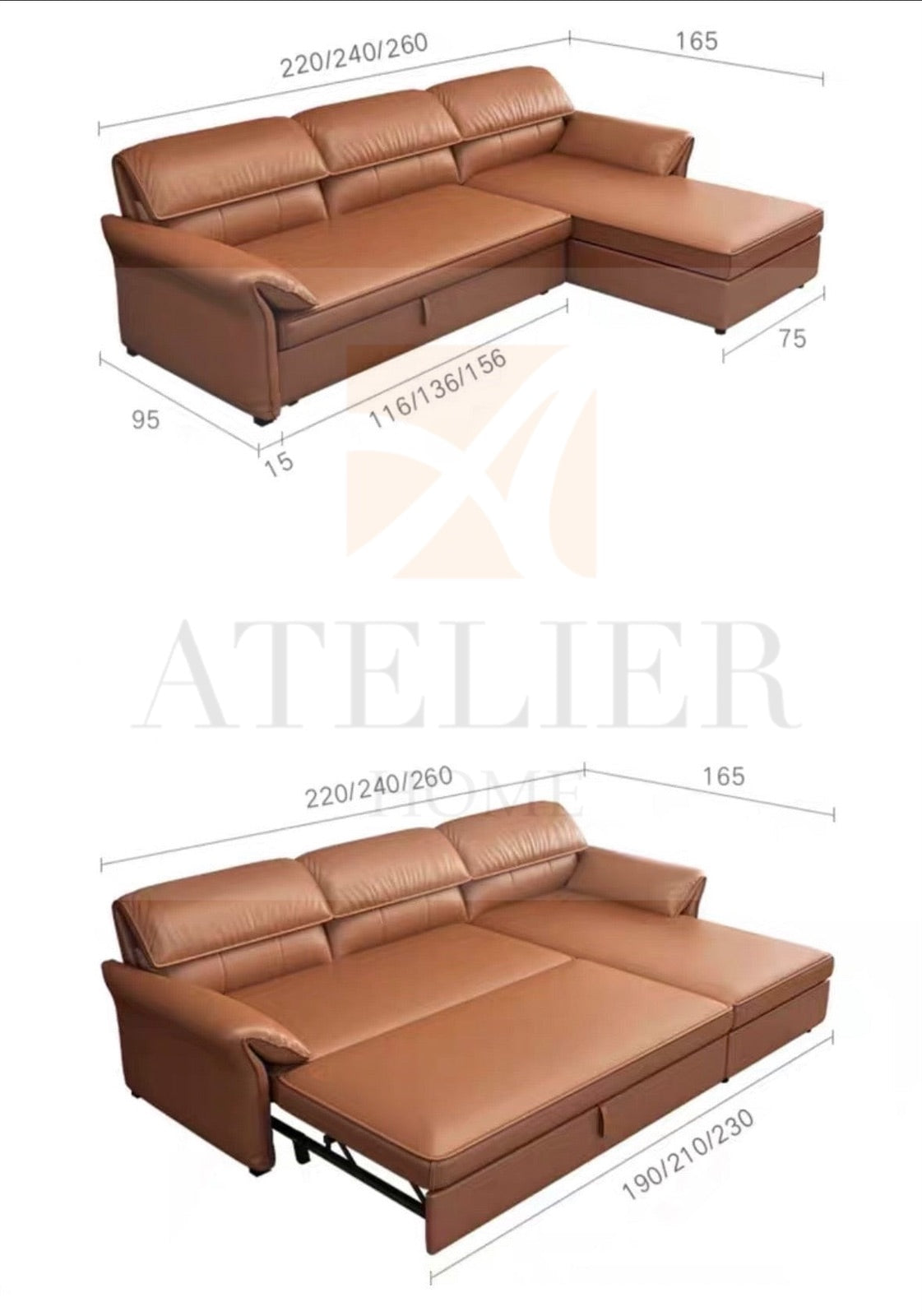 Home Atelier Emma Sectional Sofa Bed with Extended Chaise