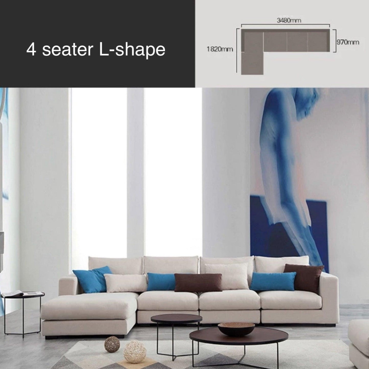 home-atelier-f31a Cotton Linen Fabric / 4 seater L-shape/ Length 348cm / Cream Bellini Sectional L-shape Corner Seat Sofa