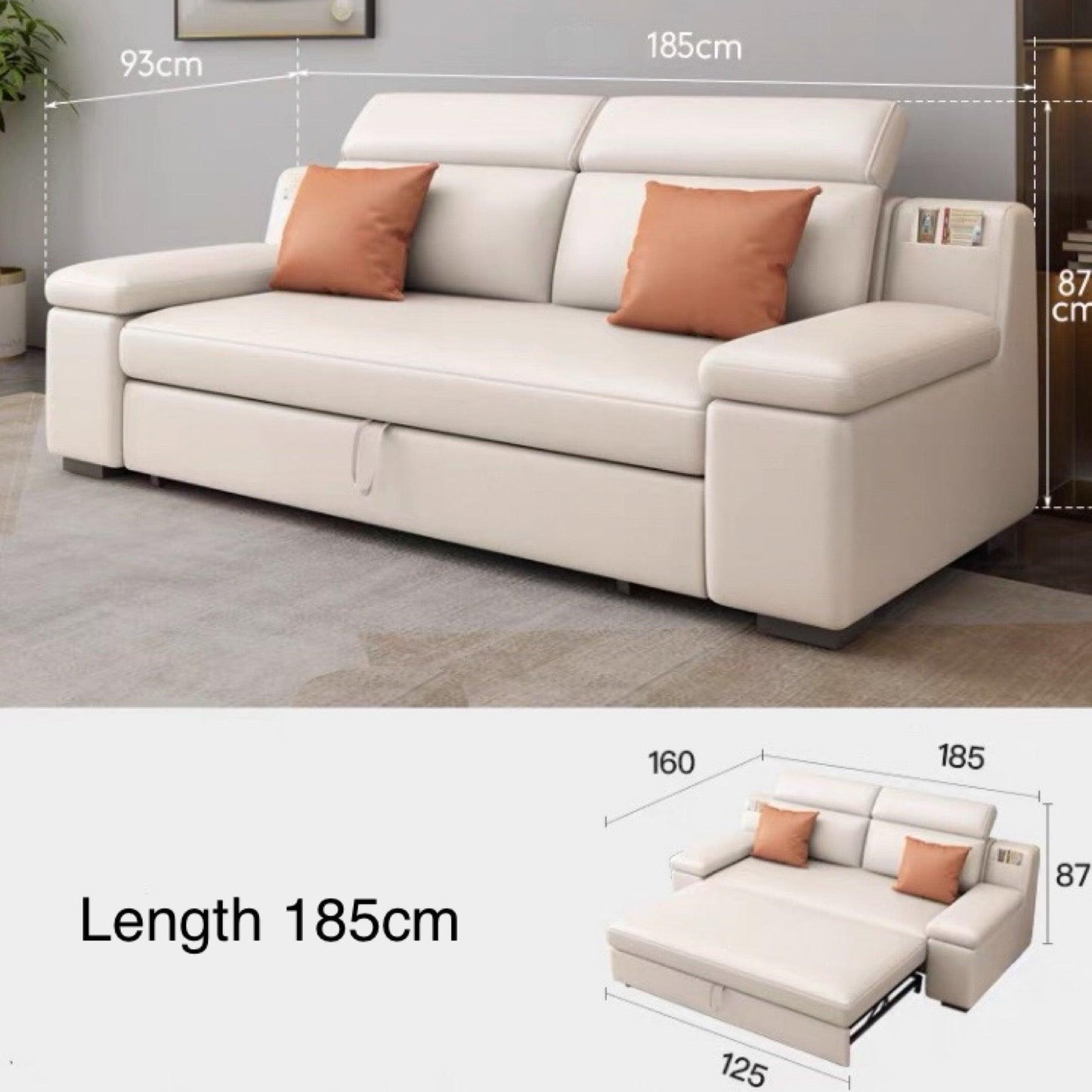 home-atelier-f31a Leather-Aire / Length 185cm/ Non L-shape / Hermes Orange Allson Sectional Sofa Bed