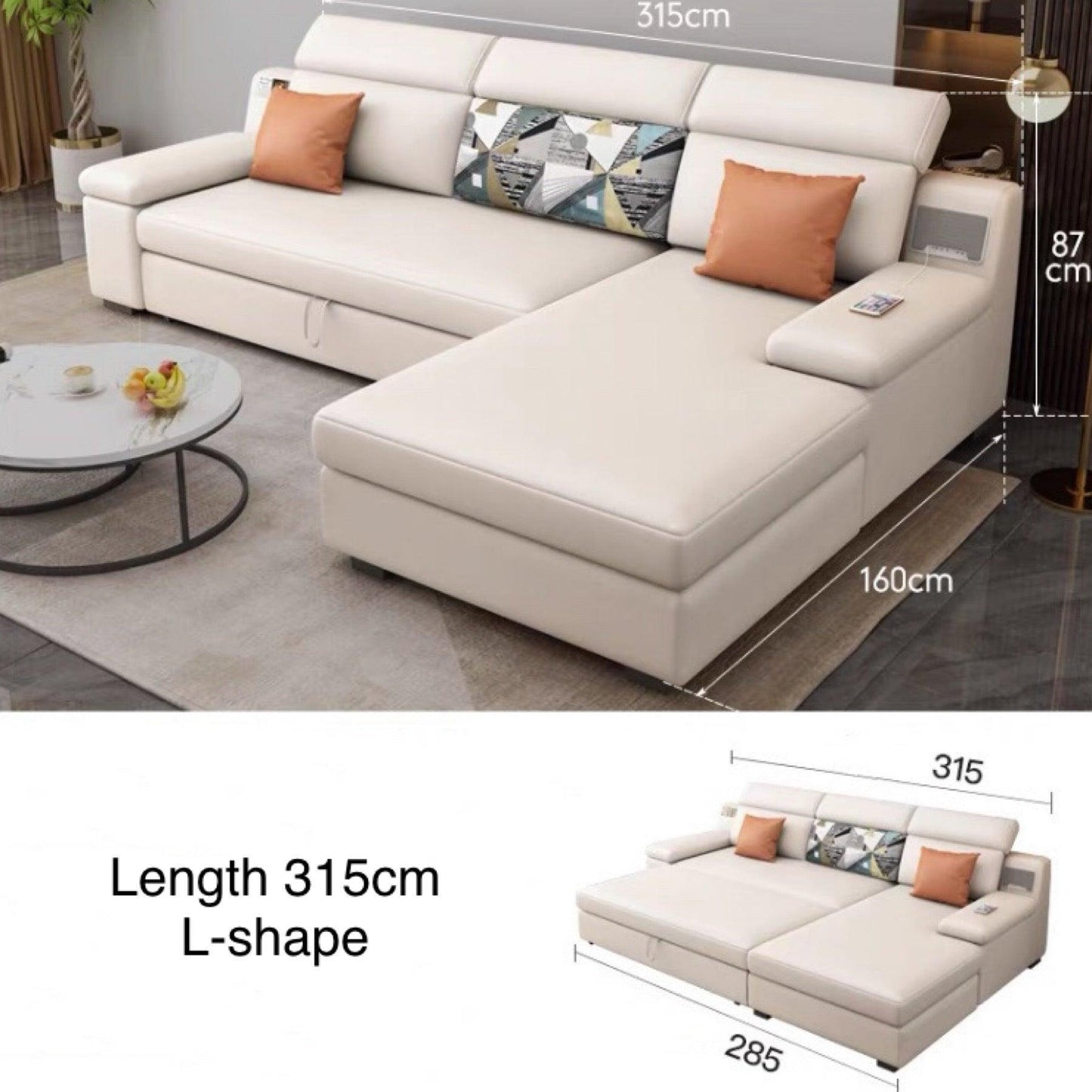 home-atelier-f31a Leather-Aire / Length 315cm/ L-shape / White Allson Sectional Sofa Bed