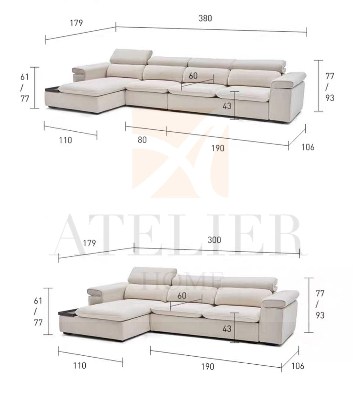 Home Atelier Gianna Sectional Sofa with Adjustable Headrest