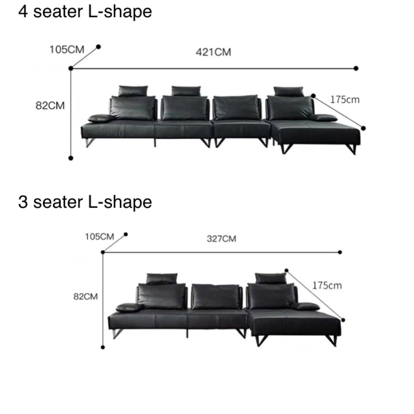 Home Atelier Italian Genuine Cowhide Leather / 3 seater L-shape/ Length 327cm / Dark Grey Tallini L-shape Slider Sofa