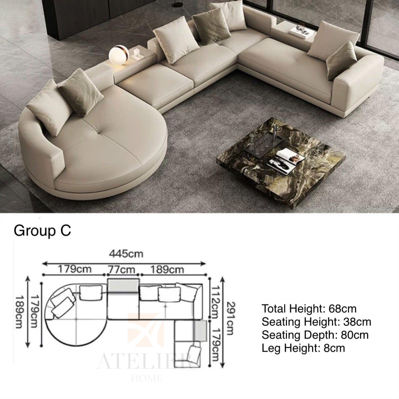 Home Atelier Italian Genuine Cowhide Leather / Group A/ Length 358cm with Curve Chaise / Khaki Alyssa Designer Sectional Round Chaise Sofa