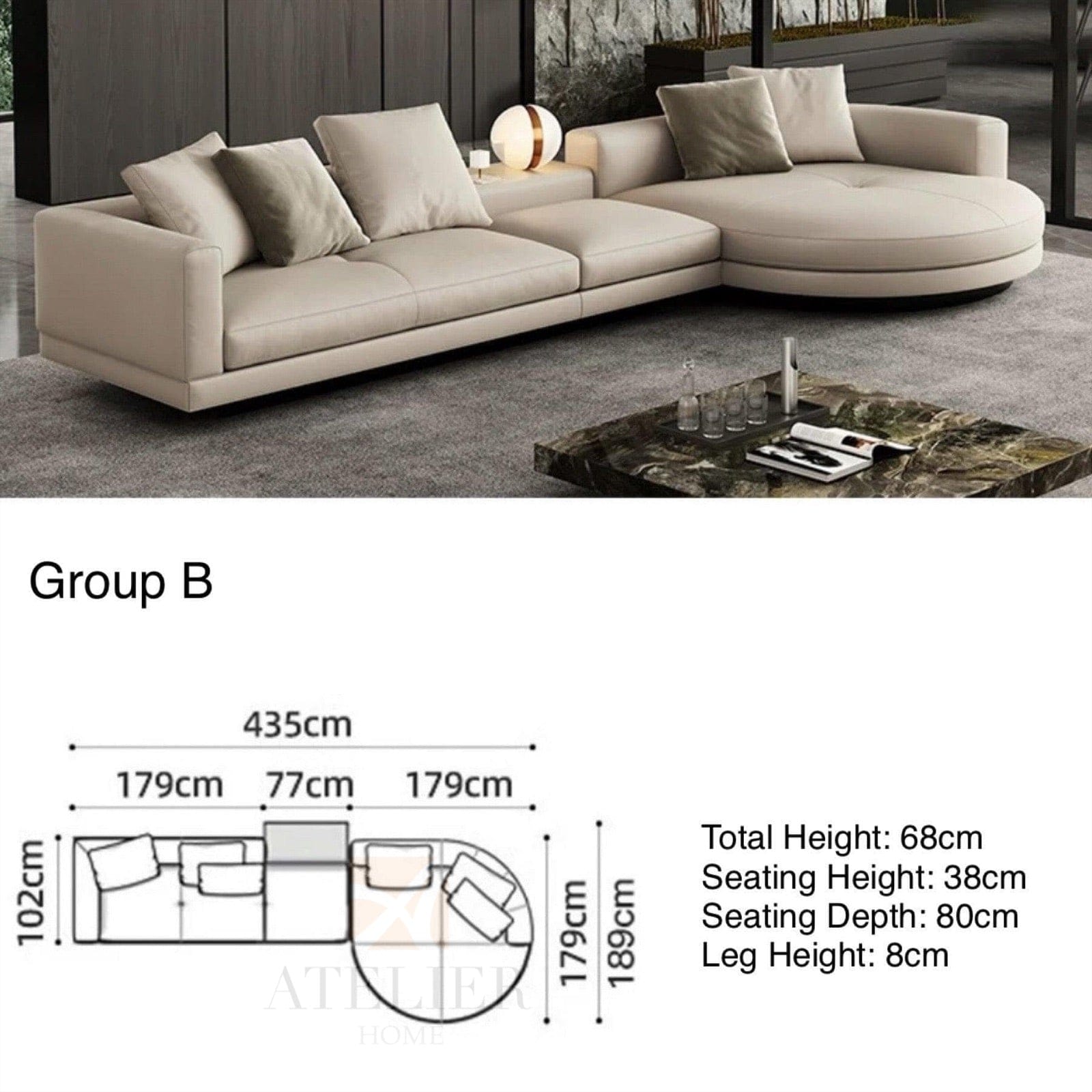 Home Atelier Italian Genuine Cowhide Leather / Group A/ Length 358cm with Curve Chaise / Khaki Alyssa Designer Sectional Round Chaise Sofa