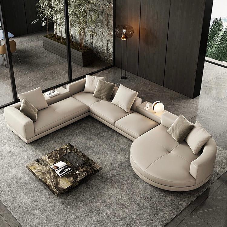 Home Atelier Italian Genuine Cowhide Leather / Group A/ Length 358cm with Curve Chaise / Khaki Alyssa Designer Sectional Round Chaise Sofa