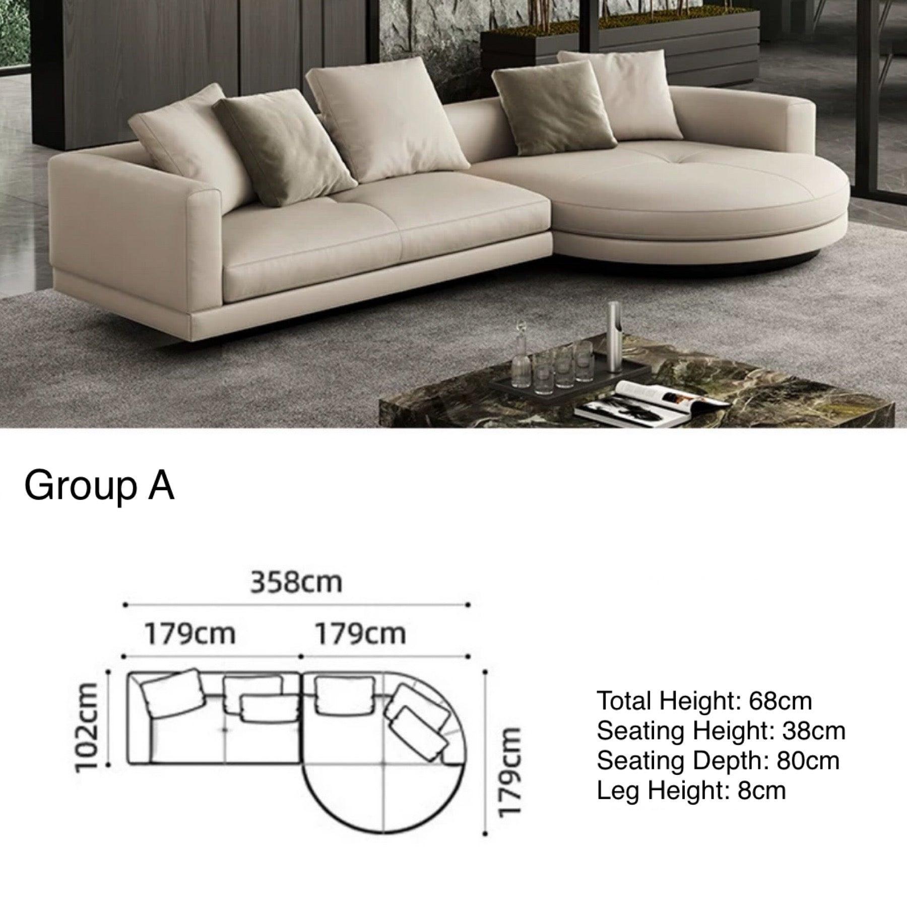 Home Atelier Italian Genuine Cowhide Leather / Group A/ Length 358cm with Curve Chaise / Khaki Alyssa Designer Sectional Round Chaise Sofa