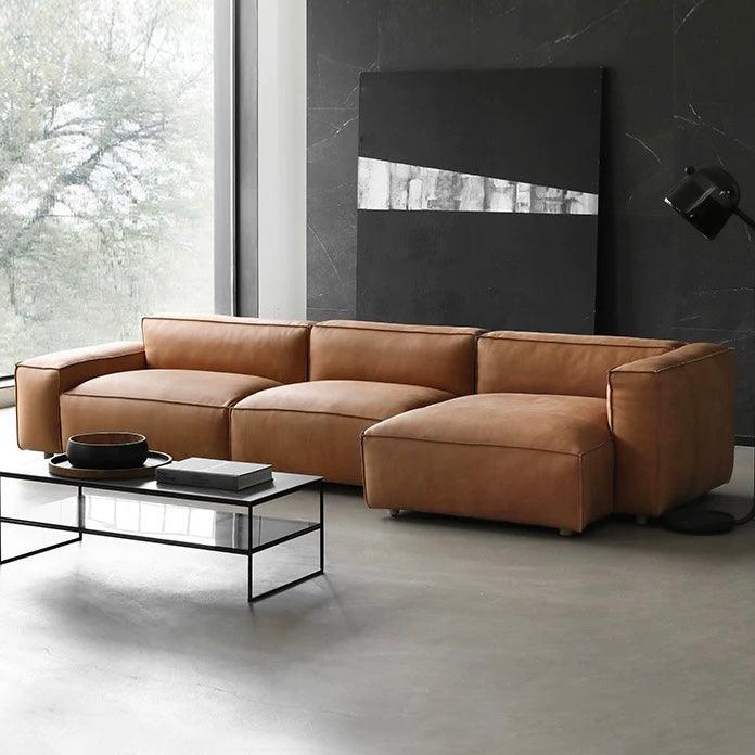 Home Atelier Italian Genuine Cowhide Leather / Length 250cm L-shape / Mustard Brown Aureus Leather Sofa