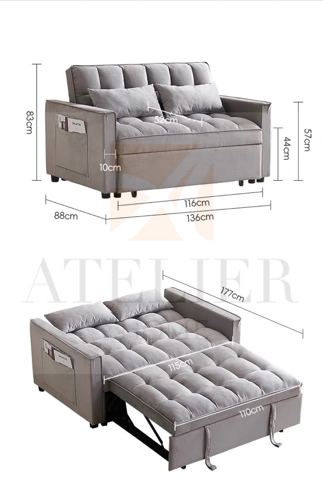 Home Atelier Italian Velvet Fabric / Super Single Size/ Length 136cm Roland Pull-out Sofa Bed