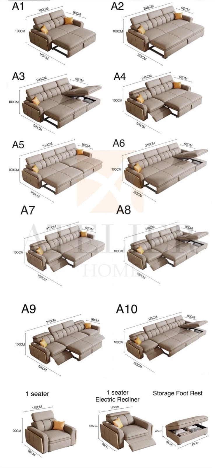 Home Atelier Nardin Electric Recliner Leather Storage Sofa Bed