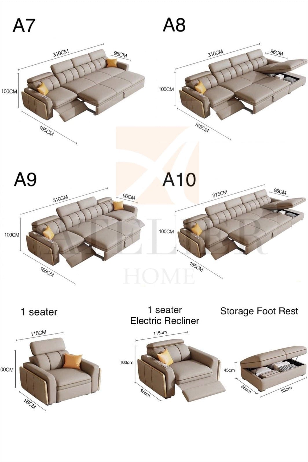 Home Atelier Nardin Electric Recliner Leather Storage Sofa Bed