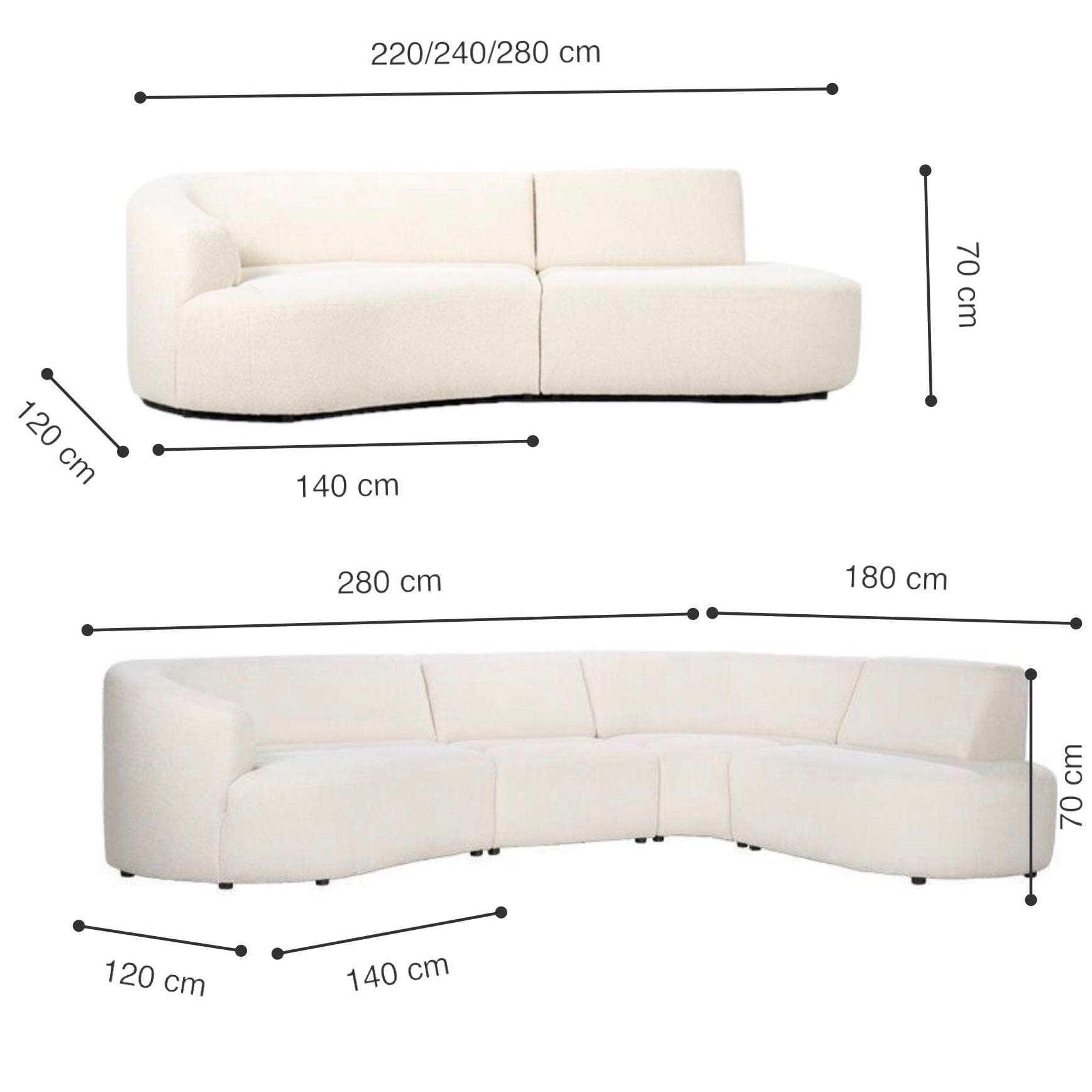 Home Atelier Performance Boucle Fabric / Length 250cm/ With Curve Chaise / Cream Ark Sectional Boucle Sofa