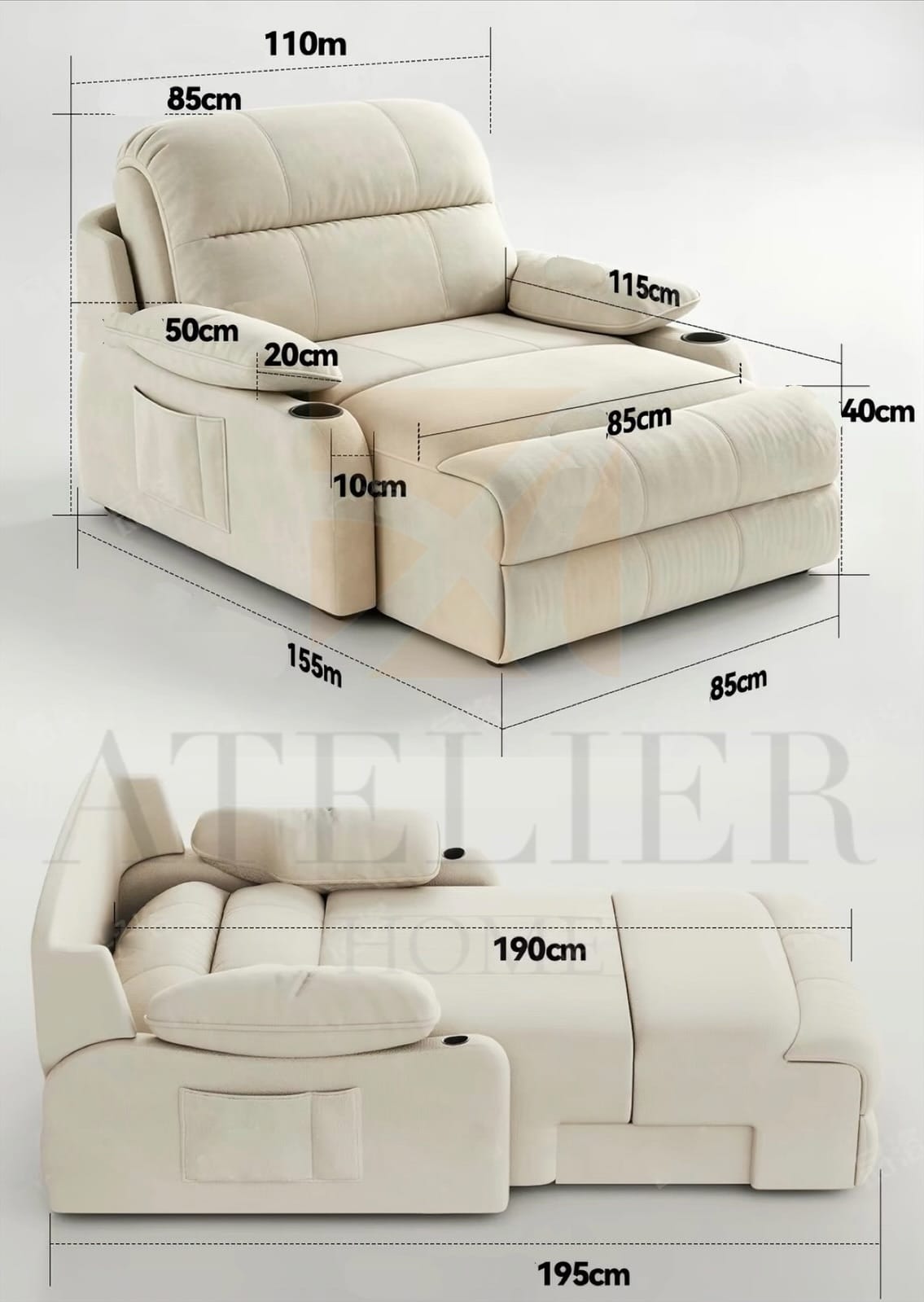 Home Atelier Water/Stain Repellent and Scratch Resistant Suede Fabric / L210 x W110 x H100 cm Isabella Scratch Resistant Electric Recliner Lounge Sofa (Copy)