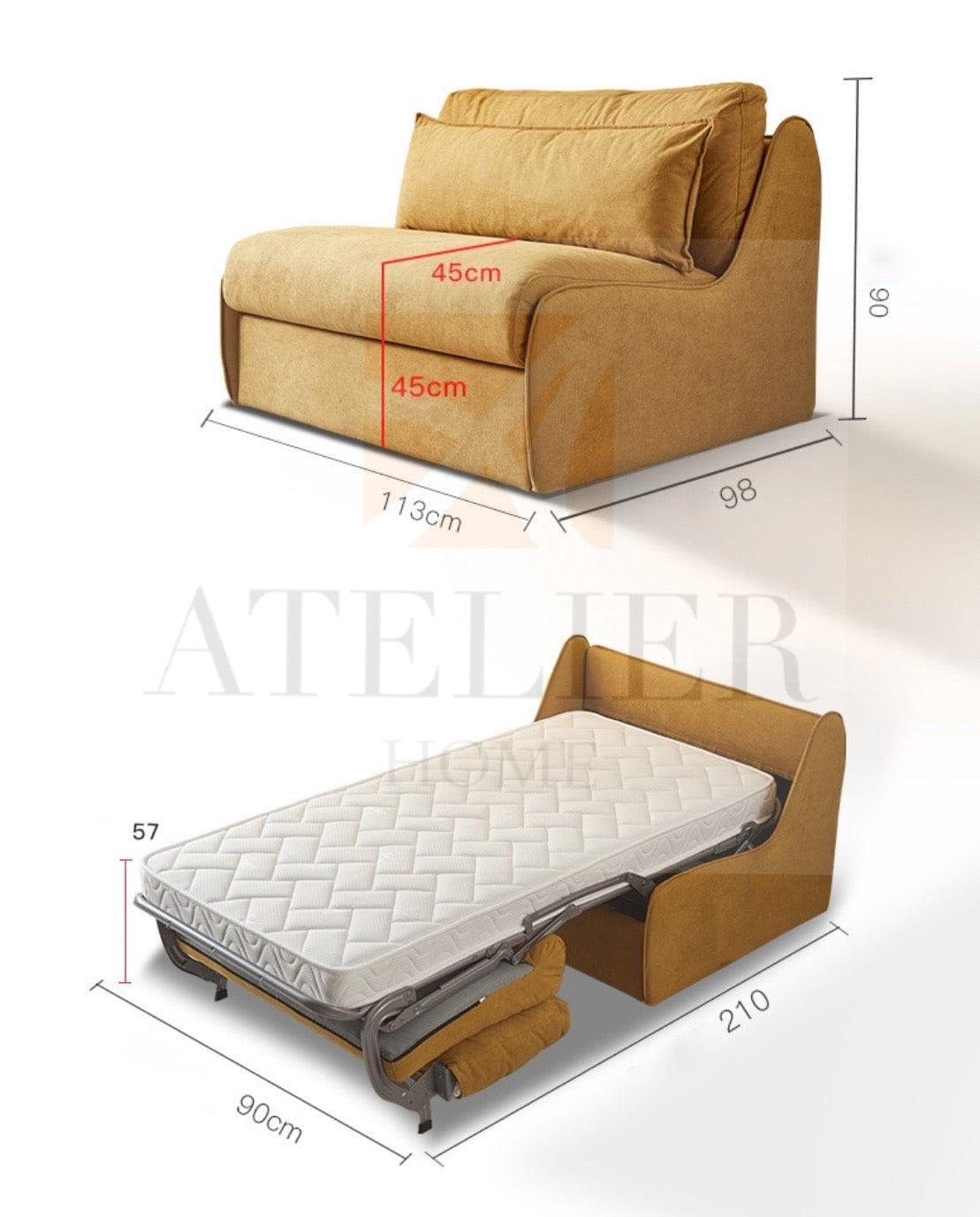 Home Atelier Water/Stain Repellent and Scratch Resistant Suede Fabric / Length 113cm Gallini Scratch Resistant Foldable Sofa Bed with Mattress